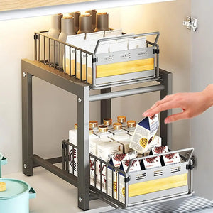 2 Tier under Sink Organizers and Storage, Metal Pull Out under Sink Storage Rack, Multi-Purpose under Sink Cabinet Organizers with Sliding Storage Drawer for Kitchen, Bathroom, Office Countertop (White)