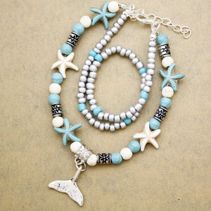 Blue Starfish Turtle Anklet Multilayer Charm Beads Sea Handmade Boho Anklet Foot Jewelry for Women Girl