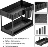 Under Sink Storage - 2 Pack under Sink Organizer - Sliding Drawer Shelf Pull Out with Hooks Cup for Kitchen Bathroom