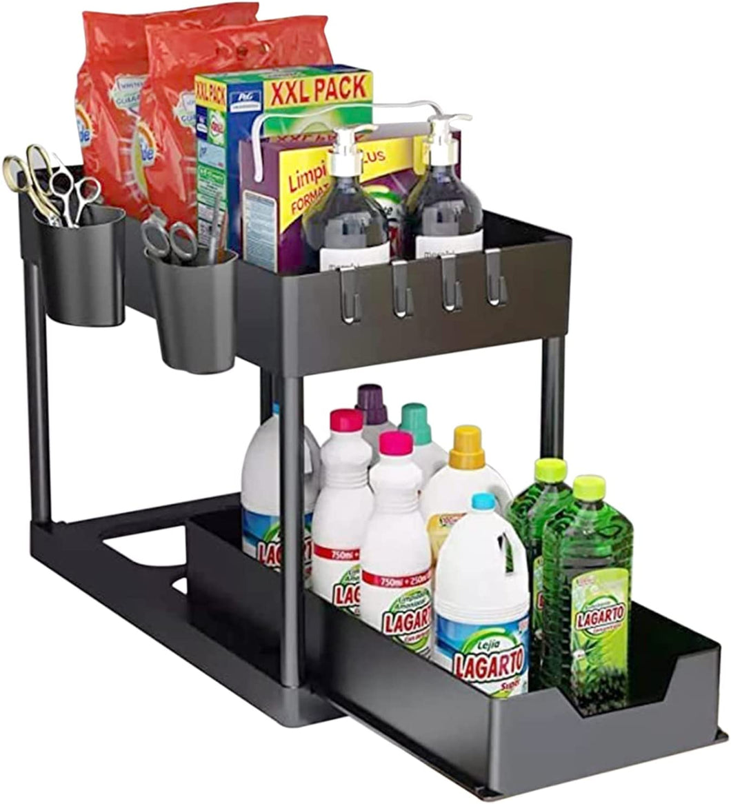 Under Sink Organizer, 2-Tier Sliding Storage Drawer Basket Organizer for Kitchen Bathroom with 4 Hooks 2 Hanging Cups Multi-Purpose Pantry Organization and Storage Black