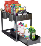 Under Sink Organizer, 2-Tier Sliding Storage Drawer Basket Organizer for Kitchen Bathroom with 4 Hooks 2 Hanging Cups Multi-Purpose Pantry Organization and Storage Black