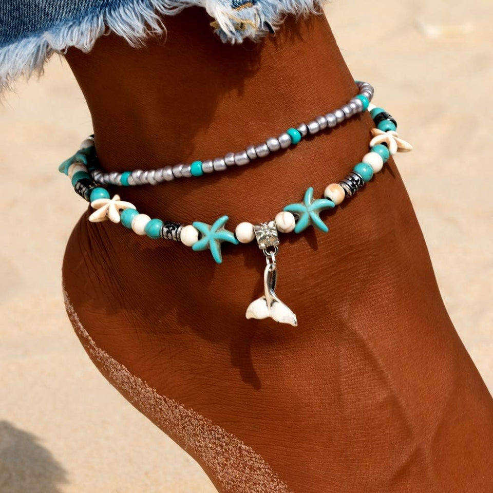 Blue Starfish Turtle Anklet Multilayer Charm Beads Sea Handmade Boho Anklet Foot Jewelry for Women Girl