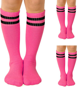 Kids Soccer Socks, [3 Pairs] Stripes Knee High Tube Socks Sport Kids Stockings for Child Young Boys and Girls (US Size 3-6）