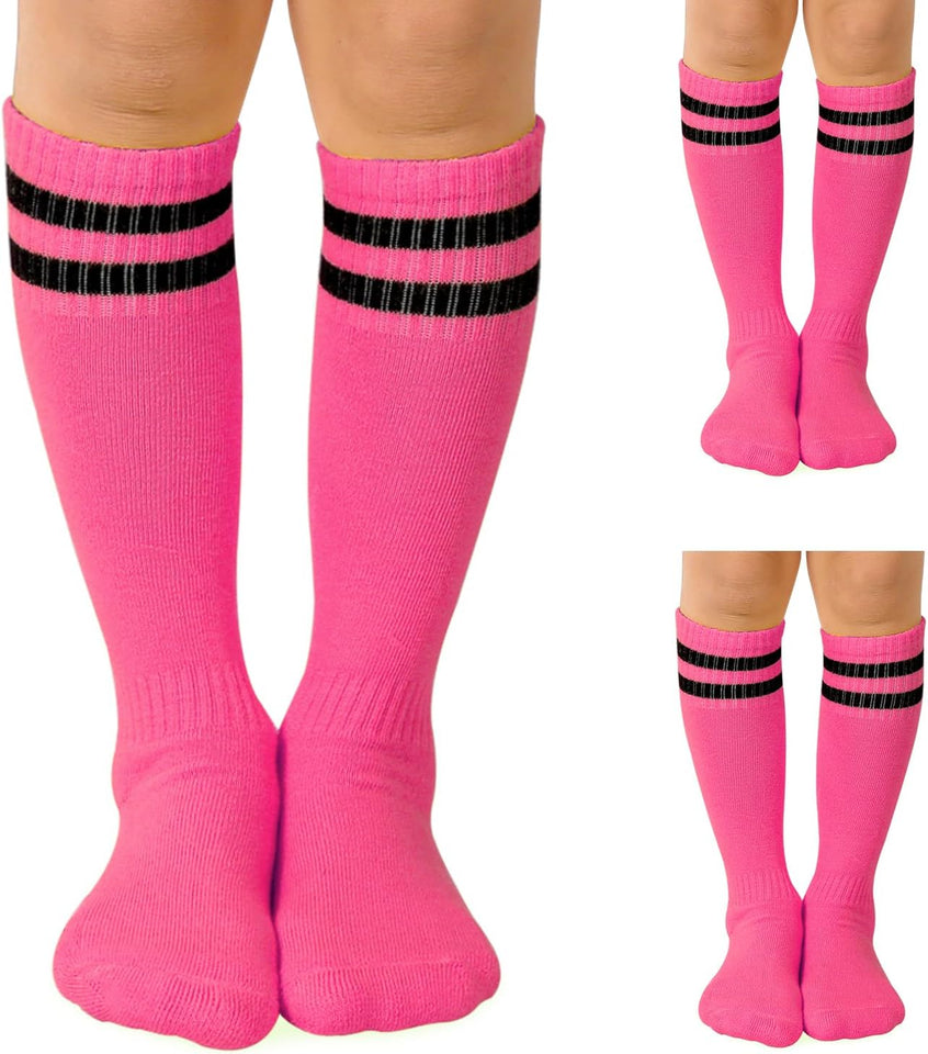 Kids Soccer Socks, [3 Pairs] Stripes Knee High Tube Socks Sport Kids Stockings for Child Young Boys and Girls (US Size 3-6）