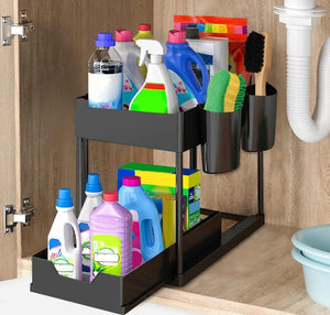 under Sink Organiser and Storage, 2 Tier Pull Out Sliding Cabinet Basket Organizer Rack with Hooks, Hanging Cup, Multi-Purpose Spice Rack Storage Shelf for Bathroom Kitchen Countertop