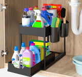 under Sink Organiser and Storage, 2 Tier Pull Out Sliding Cabinet Basket Organizer Rack with Hooks, Hanging Cup, Multi-Purpose Spice Rack Storage Shelf for Bathroom Kitchen Countertop