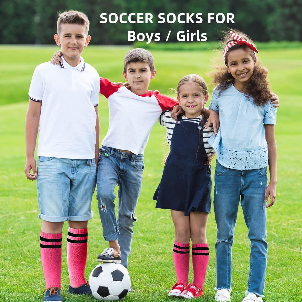 Kids Soccer Socks, [3 Pairs] Stripes Knee High Tube Socks Sport Kids Stockings for Child Young Boys and Girls (US Size 3-6）