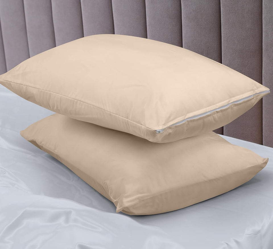 Waterproof Pillow Protector Zippered (2 Pack) Queen Beige – Bed Bug Proof Pillow Encasement 20 X 28 Inches