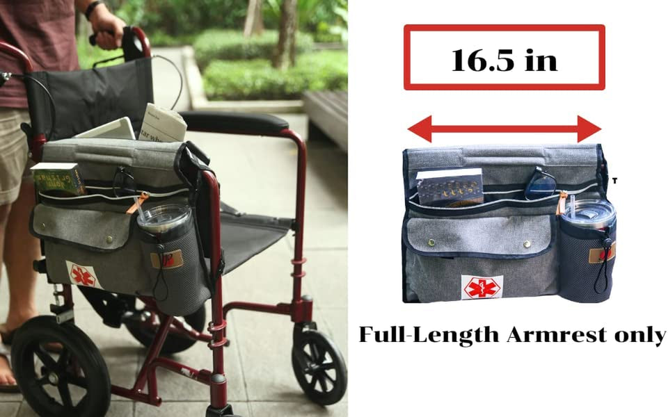 Wheelchair Side Pouch Bag(Double-Side) with Cup and Phone Holder for Manual, Electric or Power Mobility Scooter Full Armrest by P&F | for Lightweight Transport | Deluxe Wheelchair Accessories (Gray)