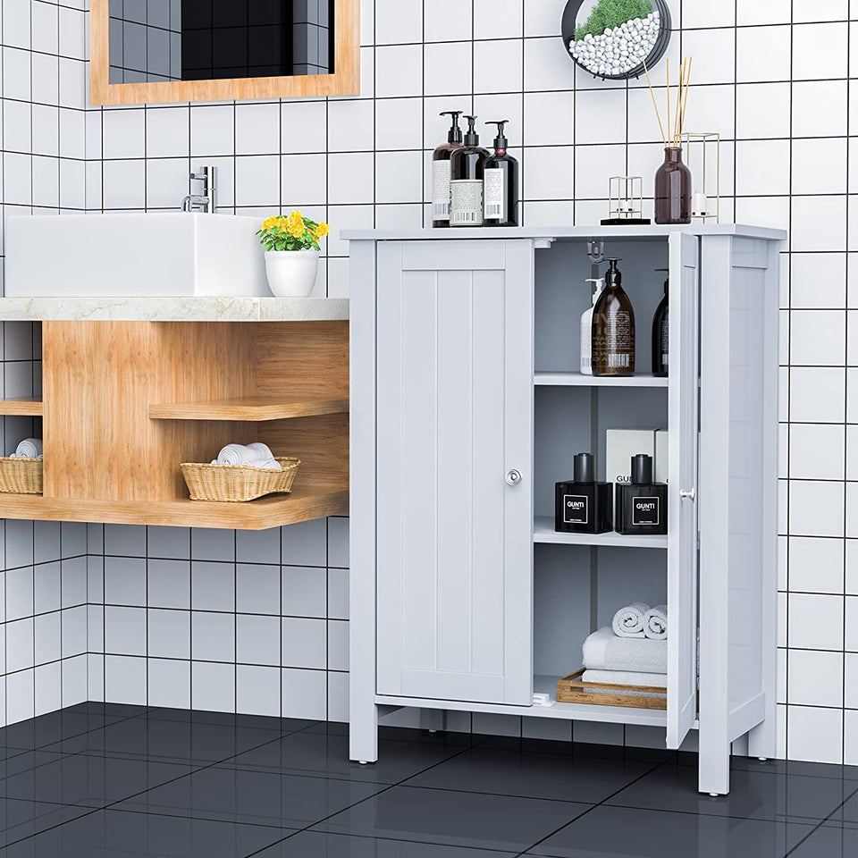 Bathroom Floor Storage Cabinet, Free Standing Storage Organizer, with Double Door, Adjustable Shelf, Modern Home Furniture, 60Cm X 30Cm X 80Cm (Grey)