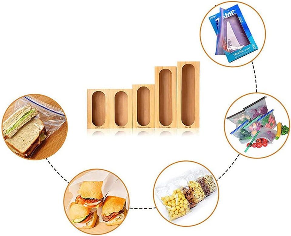 Food Storage Bag Organiser, 5Pack Bamboo Plastic Zip Lock Bags Dispenser Holder for Kitchen Drawer Pantry, Compatible with Gallon, Quart, Sandwich, Snack, Candy Variety Size Bag