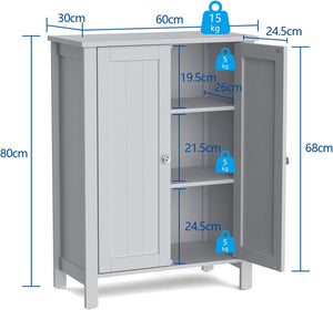 Bathroom Floor Storage Cabinet, Free Standing Storage Organizer, with Double Door, Adjustable Shelf, Modern Home Furniture, 60Cm X 30Cm X 80Cm (Grey)