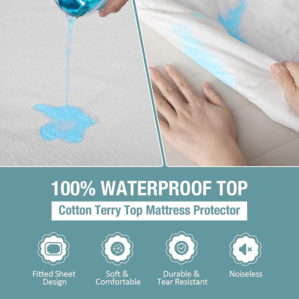 Mattress Protector - 100% Waterproof, Hypoallergenic - Premium Fitted Cotton Terry Cover - Queen (60 in X 80 In)