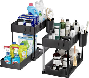 Under Sink Storage - 2 Pack under Sink Organizer - Sliding Drawer Shelf Pull Out with Hooks Cup for Kitchen Bathroom