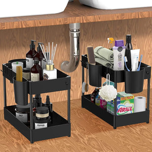 Under Sink Storage Organizer, Multi-Purpose 2-Tier Bathroom Kitchen Organizer Shelf, under Cabinet Shelves with Hooks Hanging Cups