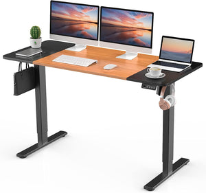 Electric Height Adjustable Standing Desk 140X60Cm (55.1"X23.6"), Sit Stand Desk with Splicing Top for Home Office (Black Frame, Black + Cherry Desktop)