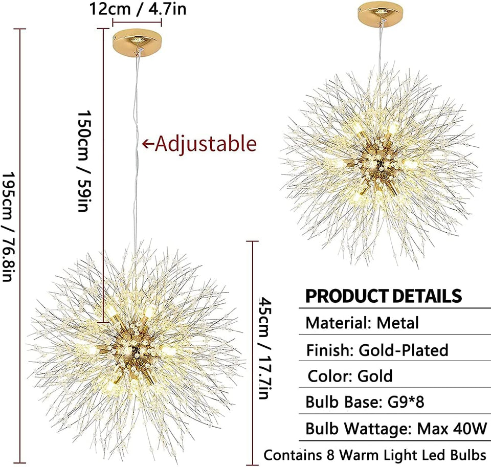 Modern Firework Chandeliers Dandelion Pendant Light, 8 Lights G9 Lamps Alloy Fixtures - with Bulb and 32 Strings Crystal, for Living Room, Bedroom, Dining, Foyer, Hallway, Shop (Gold, Warm Light)