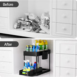 Kitchen Storage & Organisation, under Sink Storage, 2 Tier Cupboard Organizer Pantry Organisation with 2 Cups and 4 Hanging Hooks (Bottom Tier Sliding Drawer, Top Tier Non-Sliding)