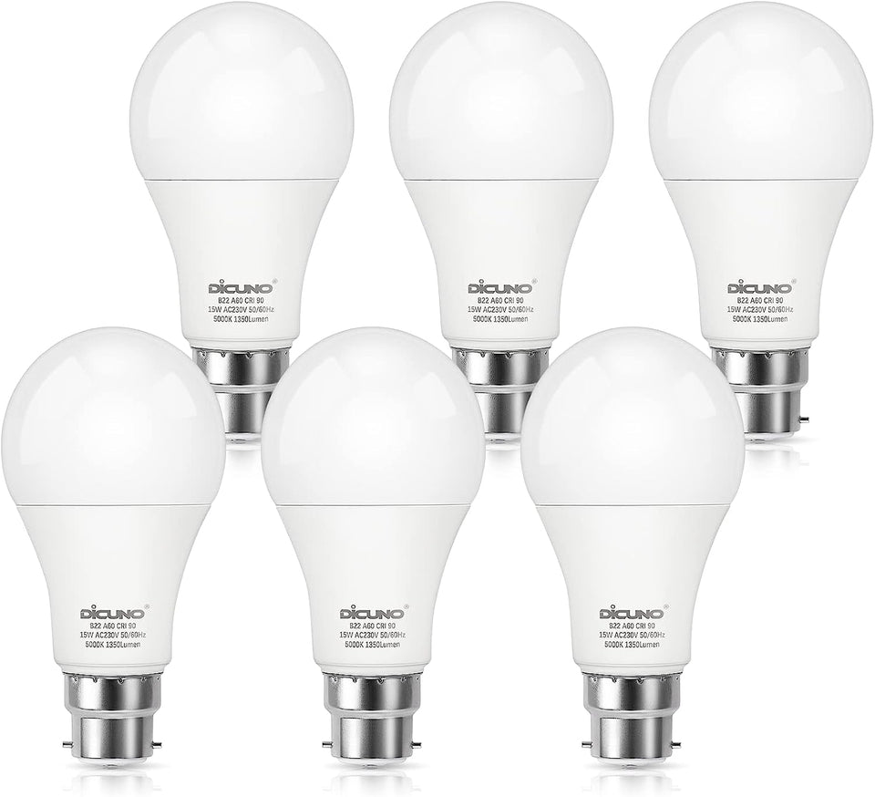 Light Bulbs, Bayonet B22 LED Bulb, 100W Equivalent, 5000K Daylight White, 15W 1350LM, CRI90, BC Frosted A60 Energy Saving Light Bulbs, Non-Dimmable, 6 Pack