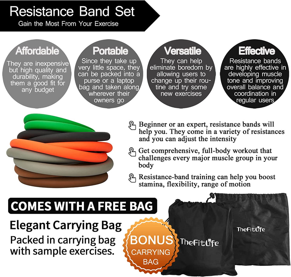 Exercise Resistance Bands with Handles - 5 Fitness Workout Bands Stackable up to 110-300Lbs, Training Tubes with Large Handles, Ankle Straps, Door Anchor Attachment, Carry Bag