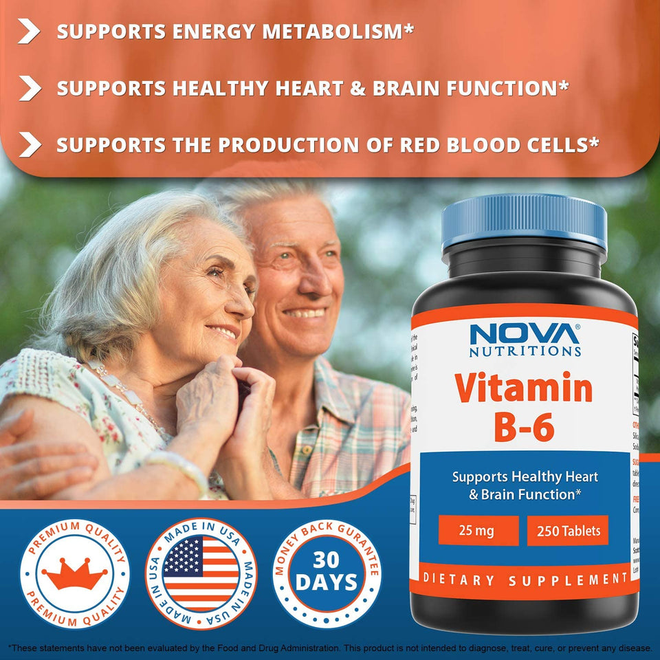 Vitamin B6 25 Mg - Supports Healthy Nervous System, Metabolism & Cell Health - 250 Tablets