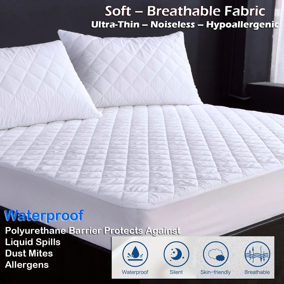 Waterproof Quilted Mattress Protector Queen Fitted Bed Topper, Hypoallergenic, Super Soft -Breathable and Noiseless Mattress Cover Stretches up to 40Cm Deep Mattress Support (Queen 155X200)