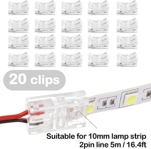 RGB LED Light Strip Connectors 20 Waterproof Adapter Transparent Solderless for Unwired Gapless Track Lighting Connector 5V 12V 24V (2 Pin, 10 Mm)