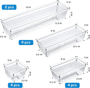 14 PCS Clear Plastic Drawer Organizer Tray for Makeup, Kitchen Utensils, Jewelries and Gadgets