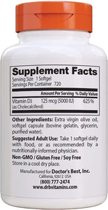 Vitamin D3 5000IU, Non-Gmo, Gluten Free, Soy Free, Regulates Immune Function, Supports Healthy Bones, 720 Softgels