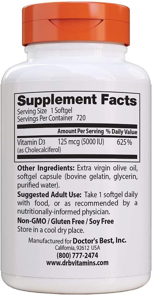 Vitamin D3 5000IU, Non-Gmo, Gluten Free, Soy Free, Regulates Immune Function, Supports Healthy Bones, 720 Softgels