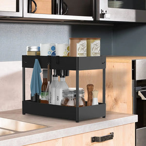 Under Sink Storage Organizer, Multi-Purpose 2-Tier Bathroom Kitchen Organizer Shelf, under Cabinet Shelves with Hooks Hanging Cups