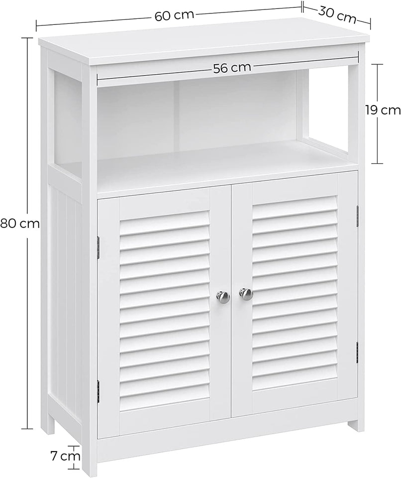 Wooden Bathroom Floor Cabinet Storage Organiser Rack, Kitchen Cupboard Free Standing, with Double Shutter Doors, White BBC40WT