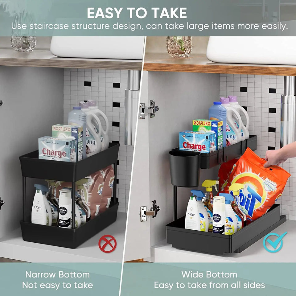 2-Tier  Pull Out Wide Drawer under Sink Organiser for Kitchen Storage & Organisation - Bottom Tier Sliding Easy Take under Sink Storage for Kitchen Sink Cupboard Bathroom Laundry (1)