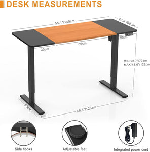 Electric Height Adjustable Standing Desk 140X60Cm (55.1"X23.6"), Sit Stand Desk with Splicing Top for Home Office (Black Frame, Black + Cherry Desktop)