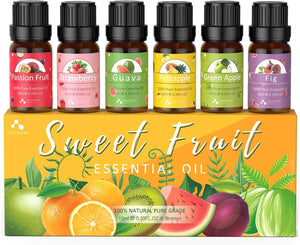 Fruit Essential Oils Set of 6 X 10Ml Aromatherapy Oils for Diffusers - Passion Fruit, Strawberry, Guava, Pineapple, Green Apple, Fig Fruity Scented Fragrance Oils for Diffusion, Candle Making