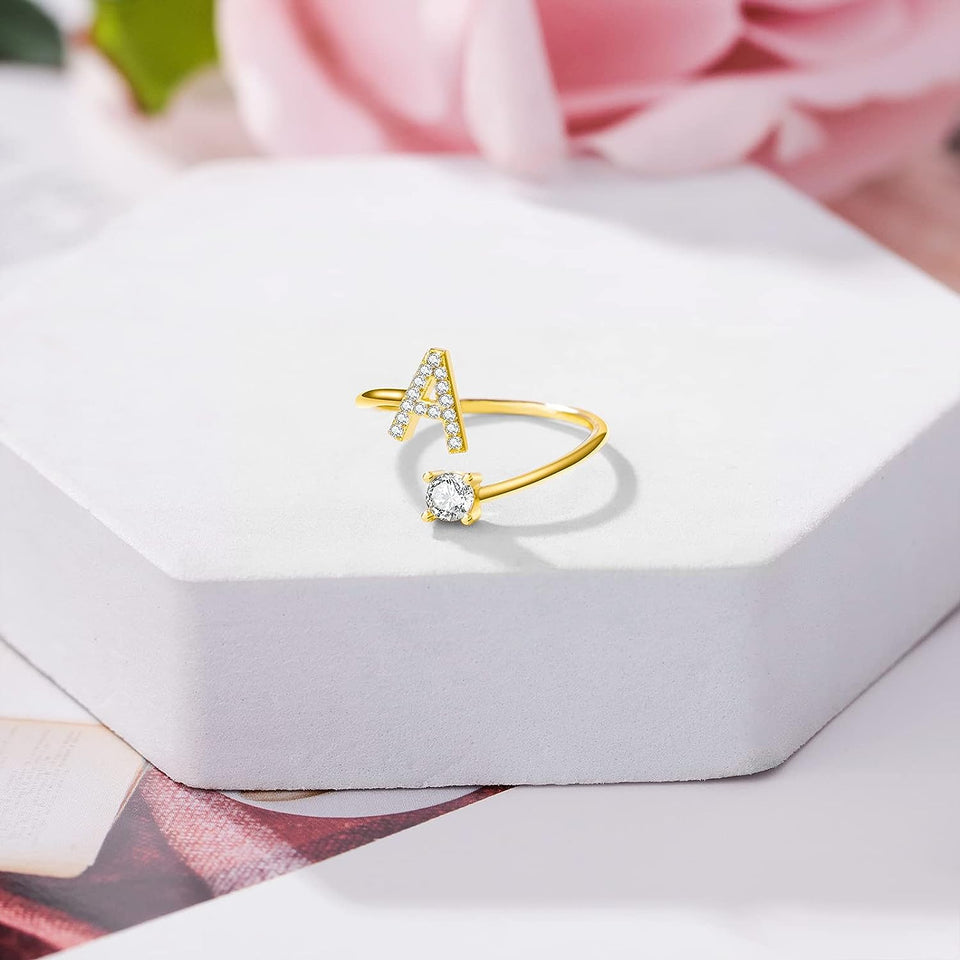 Initial Letter Ring for Women Girls Gold Stackable Alphabet Rings with Initial Adjustable Crystal Inlaid Initial Rings Bridesmaid Gift